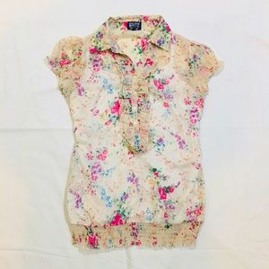 NWOT XS Bare Denim Floral Ruffled Top with attached cami satin chiffon spring